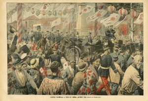 Ilustración de Eugene Damblans (1865-1945) en Le Pelerin, 05/11/05 - La entrada triunfal a Tokio del almirante japonés Togo - Ejército, Japón, Multitud, Tokio - Almirante Almirantes, Togo Heihachiro (1848-1934), Civiles de Eugene Damblans