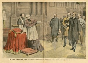 Ilustración de Eugene Damblans (1865-1945) en Le Pelerin, 09/12/06 - Monseñor el Obispo de Nantes, se detiene en el umbral de la capilla del sacramento. Funcionarios que hacen un inventario de su catedral. - Religión Fe, Arquitectura Interna, Iglesias Cate