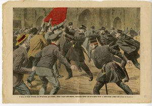 Ilustración de Eugene Damblans (1865-1945) en Le Pelerin, 23/05/09 - En Lille, la policía repele a los anticlericales que vienen, frente a la iglesia Saint-Maurice, a protestar contra los católicos que celebran a la Beata Juana de Arco - Anticlericalismo, 