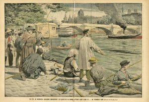 Ilustración de Eugene Damblans en Le Pelerin, 23/06/05 - En verano, muchos parisinos invaden las orillas del Sena y lanzan su línea y... no pescan nada de Eugene Damblans