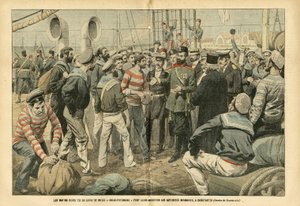Ilustración de Eugene Damblans (1865-1945) en Le Pelerin, 23/07/05 - Los marineros rebeldes del acorazado ruso Kniaz-Potemkin se rinden a las autoridades rumanas en Constantza - Rusia, Marina Marítima, Rumanía, Revolución de 1905 de Eugene Damblans