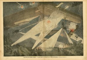 Ilustración de Eugene Damblans (1865-1945) en Le Pelerin, 24/11/07 - Un episodio de guerras futuras - Cómo serán las batallas en la época de los dirigibles - Guerra, Globos dirigibles zepelines aerostación, Nocturno, Combate
