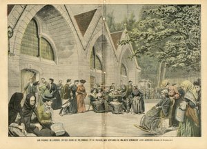 Ilustración de Eugene Damblans (1865-1945) en Le Pelerin, 28/08/04 - En las piscinas de Lourdes, en estos días de peregrinaciones y oraciones, cientos de pacientes piden por su guerra - Medicina, Fe Religiosa, Arquitectura Urbanística, Catolicismo de Eugene Damblans