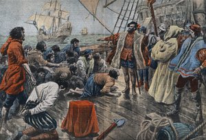 Ilustración de la tripulación de Fernando de Magallanes jurándole lealtad en una cruz tras un motín fallido - Fernando de Magallanes (1480-1521), navegante portugués, calma una sedición de su tripulación y después de perdonarlo le hace jurar lealtad.