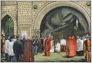 Frente a la "Gruta de Lourdes", en los jardines del Vaticano, el Papa Pío XI bendijo la primera piedra del Colegio de Propaganda que se levantaría en el Janículo. Ilustración de Damblans. En "Le Pelerin" del 3 de junio de Eugene Damblans