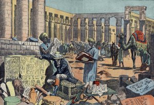 Jean Francois Champollion (1790-1832), egiptólogo francés, estudiando una inscripción entre las columnatas de Tebas. Grabado de 1923. Dibujo de Damblans