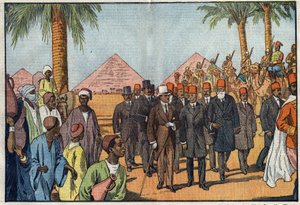 El rey Amanullah de Afganistán (1892-1960) visita las Pirámides de Egipto, acompañado por una escolta de Meharistas. El Cairo, Egipto. Ilustración de Damblans. En "Le Pelerin" del 22 de enero