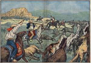 Campesinos mexicanos disparan a caballos salvajes para evitar la crisis alimentaria en su país. Llanuras de El Paso, México. Ilustración de Damblans. En “Le Pèlerin” del 6 de octubre de Eugene Damblans
