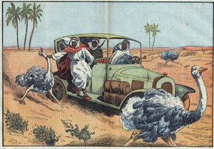 Caza moderna: En el desierto árabe, beduinos ricos conducen a jóvenes austriacos para capturarlos vivos. Ilustración de Damblans. En “Le Pelerin” del 16 de abril de Eugene Damblans