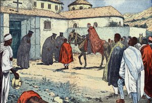 Monseñor Lepicier de la Orden de los Servitas de María, Arzobispo de Tarso, fue recibido en el monasterio copto de Debre-Bizen con motivo de una visita apostólica a Abisinia (Etiopía). Ilustración de Damblans. En “Le Pèlerin” del 21 de agosto de Eugene Damblans