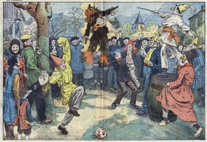 Costumbres antiguas: la cremación del "Carnaval", en la noche del Mardi Gras, representa los placeres y bienes más queridos abandonados al umbral de la Cuaresma. Ilustración de Damblans. En "Le Pelerin" del 16 de marzo. de Eugene Damblans