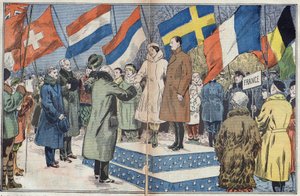 Juegos Olímpicos de Invierno (1932) - ceremonia de clausura: los patinadores franceses M. y Sra. Brunet Joly (Brunet-Joly), campeones olímpicos, son felicitados por el jurado. Lake Placid, EE.UU. Ilustración de Damblans. En "Le Pelerin" del 18 de marzo de Eugene Damblans