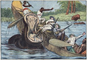 En el Lago Victoria, África, un bote ocupado por misioneros anglicanos e indígenas es volcado por un hipopótamo herido. Ilustración de Damblans. En "Le Pelerin" del 16 de mayo