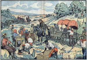 Migración de población en África: 2000 bóeres dejan la colonia portuguesa de Angola en carruajes hacia las regiones más fértiles de Sudáfrica. Ilustración de Damblans en “Le Pelerin” de 30 de septiembre de Eugene Damblans
