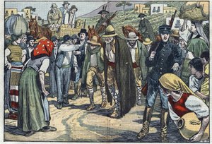 Ladrones arrestados por la policía fascista italiana. Sicilia, Italia. Ilustración de Damblans. En "Le Pelerin" del 14 de febrero