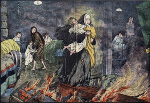 Hermana Marie Gabrielle (Marie-Gabrielle) rescatando a un niño durante el incendio del orfanato de Bernards Ville (Bernards-Ville), en los Estados Unidos. Ilustración de Damblans en "el Pelerin" del 27 de noviembre