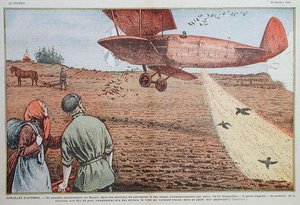 Sembrando semillas desde un avión en la Rusia Soviética, ilustración para la revista 