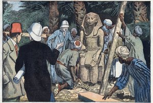 La misión arqueológica francesa descubre una estatua de Sesostris III adolescente que será llevada al Louvre. Medamud, antigua Tebas, Egipto. Ilustración de Damblans. En "Le Pèlerin" del 22 de noviembre