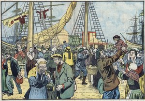 El regreso del bacalao a Saint-Malo: los Terres-Neuvas pescaban y se reunían con sus familias. Ilustración de Damblans. En "Le Pelerin" del 7 de octubre de Eugene Damblans