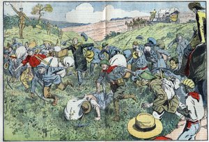 La carrera del diamante (Sudáfrica): una carrera organizada para decidir quién ocupará las parcelas de diamantes más cercanas al depósito. Ilustración de Damblans en 