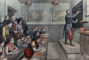 La primera clase en francés en Alsacia es reconquistada. Ilustración de Damblans. En "Le Pèlerin" de 1914.
