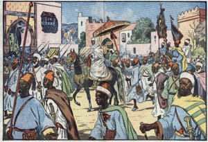 El nuevo sultán de Marruecos, Moulay Mohammed, hace su entrada en la ciudad de Rabat. Ilustración de Damblans. En “Le Pèlerin” del 4 de diciembre. de Eugene Damblans