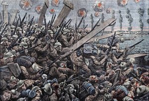 Guerra 1914-1918. Frente de Bélgica 1914. Soldados alemanes en el Yser. Dibujo de Damblans.