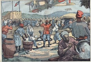 Guerra en Marruecos: aviones franceses suministran hielo a un bloque en asedio por disidentes marroquíes. Ilustración de Damblans. En "Le Pelerin" del 24 de mayo