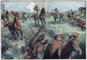 Caballos salvajes son sacrificados en los Estados Unidos. Ilustración de Damblans. En "Le Pelerin" del 31 de enero. de Eugene Damblans