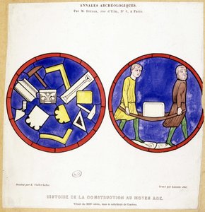 Historia de la construcción en la Edad Media: Facsímil de vitrales del siglo XIII, en la Catedral de Chartres - Dibujado por Eugene Viollet-le-Duc (Viollet le Duc) (1814-1879) y con varios símbolos masónicos