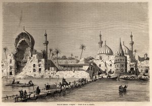 Un puente de barcos en Bagdad, dibujo de Eugene Flandin (1809-1876) para ilustrar su viaje a Mesopotamia en 1840-1842. Grabado en "Le tour du monde" 1861. Colección de Selva.