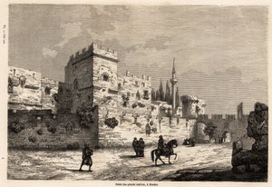 El palacio de los grandes maestros en Rodas, dibujo de Eugene Flandin, para ilustrar su viaje a la isla de Rodas en 1844. Grabado en "Le tour du monde", editado por Edouard Charton