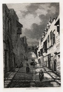 La rue des chevaliers, en Rodas, dibujo de Eugene Flandin, para ilustrar su viaje a la isla de Rodas en 1844. Grabado en “Le tour du monde”, editado por Edouard Charton de Eugene Flandin