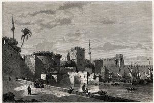 La vista del puerto de Rodas y la puerta de Aubusson, dibujo de Eugene Flandin, para ilustrar su viaje a la isla de Rodas en 1844. Grabado en "Le tour du monde", editado por Edouard Charton de Eugene Flandin
