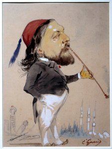 Retrato de Theophile Gautier (1811-1872) fumando su chibouk. Dibujo y acuarela de Eugene Giraud (1806-1881) 1862 París, B.N.