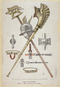 Accesorios del guerrero galo: estandarte decorando un saglier, el casco y el cuerno de guerra (carnyx) - en “Cuadernos de Enseñanza Ilustre, Trajes de Guerra de la Edad del Bronce y la Edad Gala”, ed. Grasset de Eugene Grasset