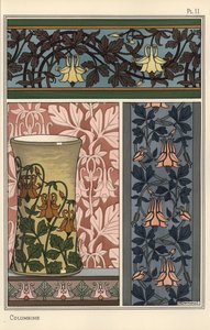 Flor de aguileña, Aquilegia vulgaris, en patrones para papel tapiz, tela y jarrón de Eugene Grasset