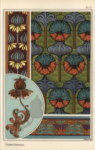 Flor imperial, Fritillaria imperialis, en patrones de papel tapiz y tela, y como diseño para una lámpara de hierro forjado de Eugene Grasset