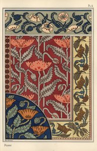 La amapola, Papaver somniferum, en vitrales, papel tapiz, patrones de tela y azulejos. Litografía de Marc Mangin de Eugene Grasset