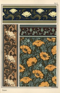 La amapola, Papaver somniferum, en patrones de papel tapiz y tela. Litografía de Verneuil de Eugene Grasset