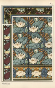El nenúfar, Nelumbo lutea, en patrones de papel tapiz y azulejos de Eugene Grasset