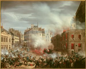 Revolución de 1848: "Incendio de la torre de agua de la plaza del palacio real el 24 de febrero de 1848". Pintura de Eugene Hagnauer de Eugene Hagnauer