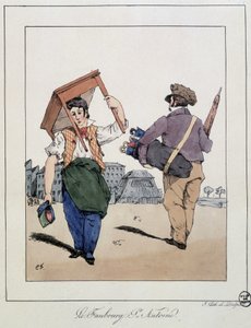 El suburbio St Antoine: reparador de muebles y vendedor ambulante de paraguas - en “Recuerdos de un paseante” de Eugène Forest, ed. Delpech, París, c.1830