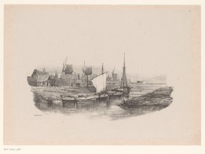 Puerto con barcos y molinos de viento Chapa el Canal Memorias de Eugène Isabey (título de la serie) Souvenirs d