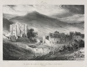 Viajes pintorescos y románticos en la antigua Francia, Auvernia: Ruinas del castillo y del pueblo de Saint Nectaire de Eugene Isabey
