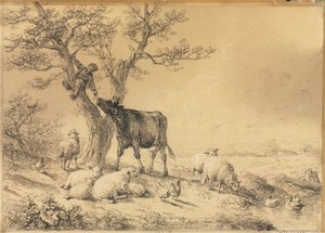 Paisaje con animales y niño en árbol, 1866