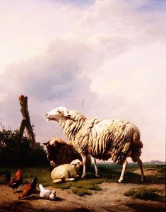 Ovejas y aves de corral en un paisaje de Eugene Joseph Verboeckhoven