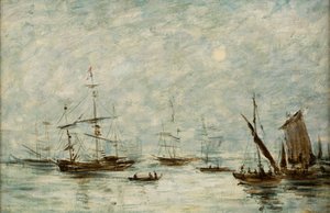 Barcos amarrados en un puerto (óleo sobre lienzo) de Eugene Louis (attr.to) Boudin