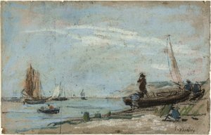 Playa con Barcos de Pesca (recto); Paisaje con Agricultor Arando un Campo (verso) de Eugene Louis Boudin
