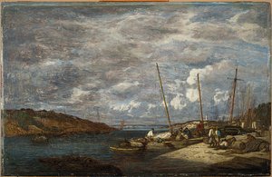 Barcos de pesca en el muelle, Douarnenez, 1855 de Eugene Louis Boudin